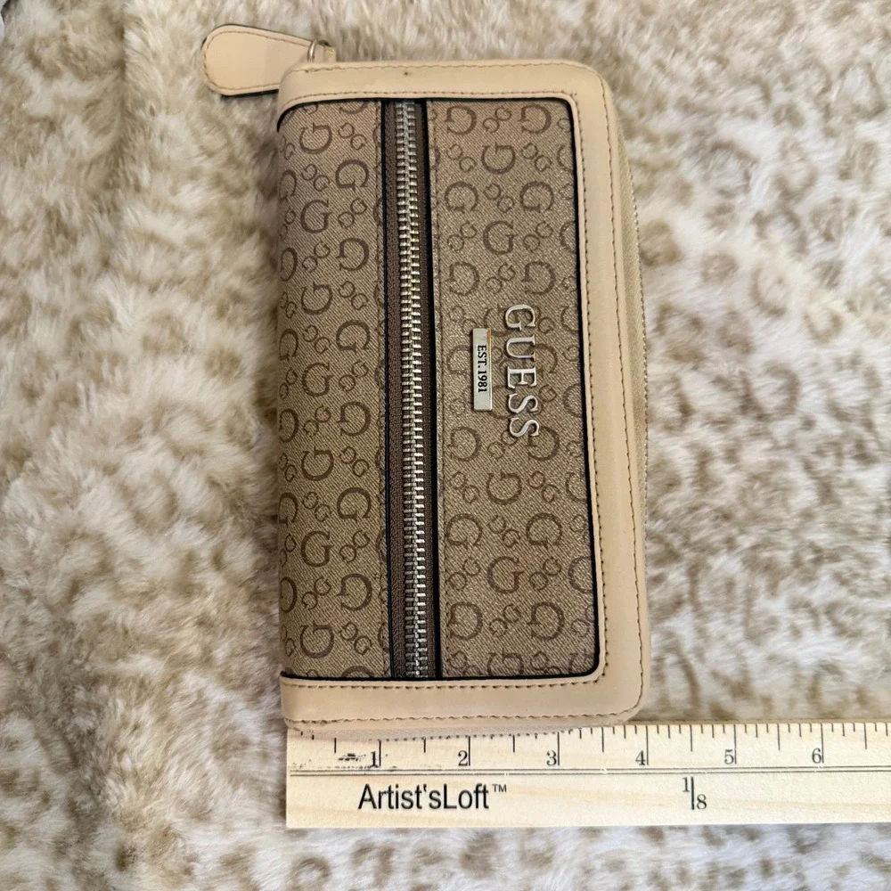 Guess Monogram Zip Around Wallet Tan Brown 4G Logo Print Womens OS Y2K Vibe - Picture 5 of 5